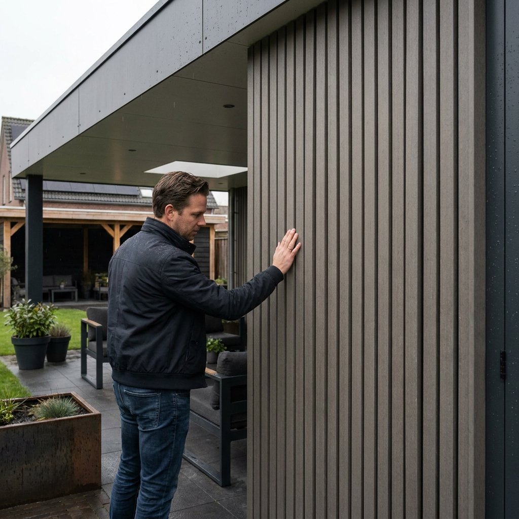Moderne Nederlandse tuin met overkapping en lattenlook buitenwand, terwijl een huiseigenaar het materiaal controleert bij zacht daglicht.