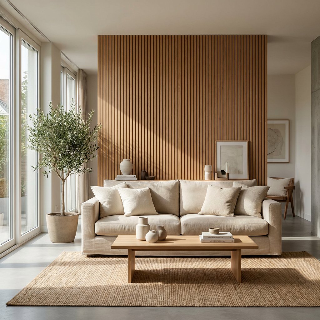 Moderne Nederlandse woonkamer met houten akoestische wandpanelen achter een bank, warm daglicht, rustige styling en een stijlvolle, geluidsvriendelijke sfeer.