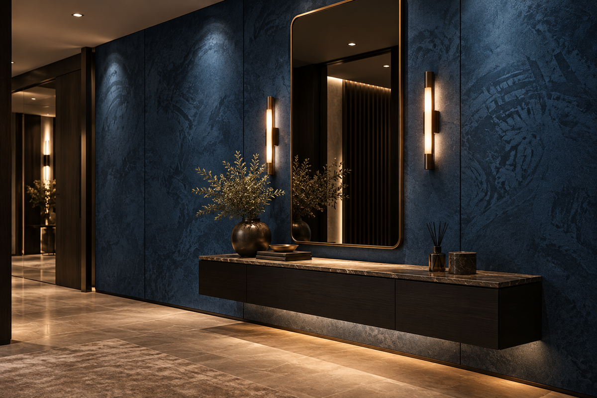 Suede Full wandpaneel 280×122cm · Blauw
