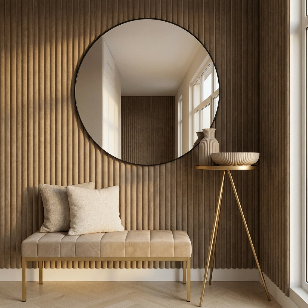 Akoestisch wandpaneel 260cm · Suede ronde latten · Camel