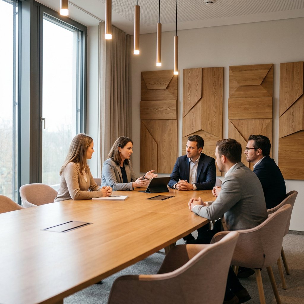 Moderne vergaderruimte met houten akoestische panelen aan de wand, grote tafel en daglicht, terwijl collega’s rustig overleggen.