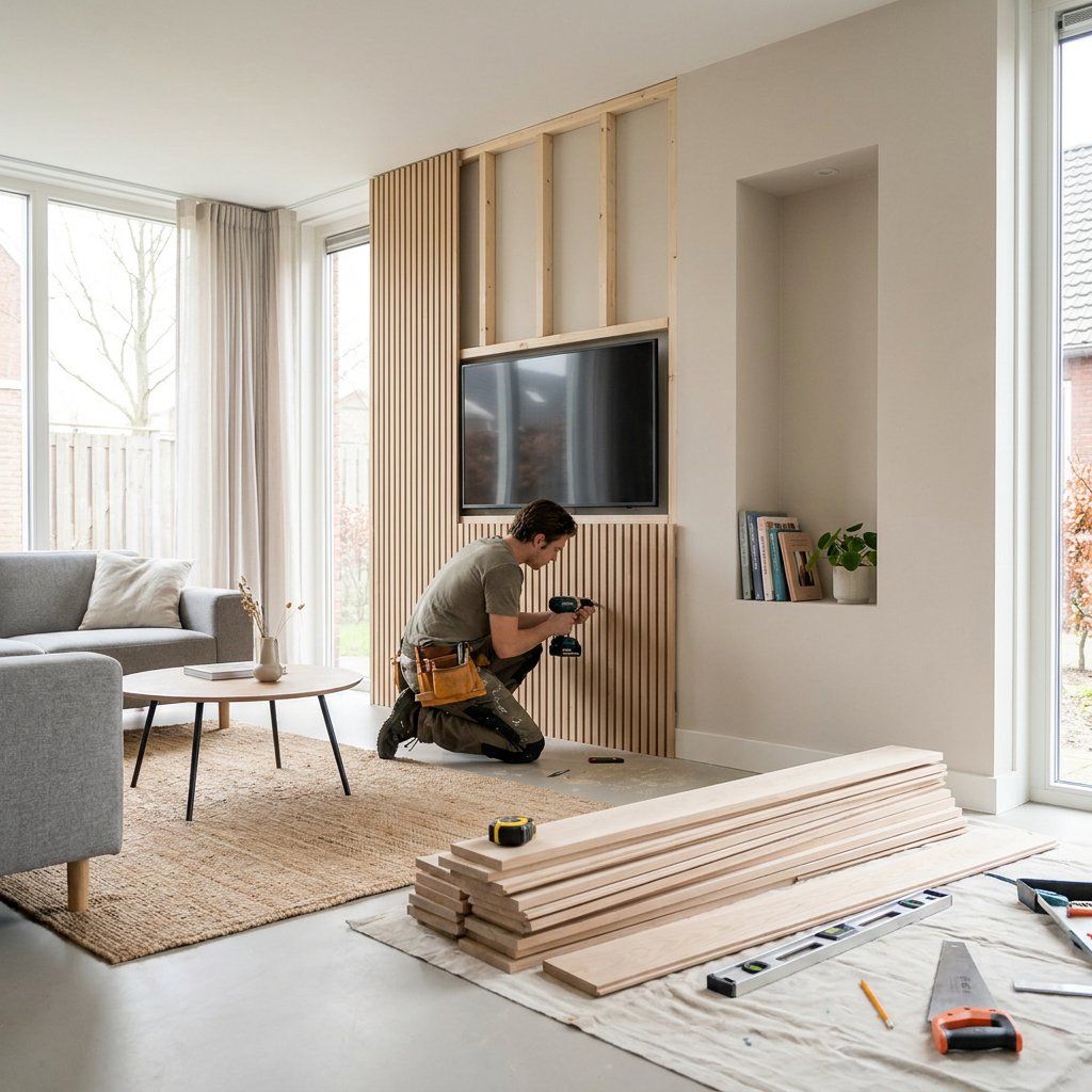 Moderne Nederlandse woonkamer met half afgewerkte cinewall, tv-nis, houten lattenpanelen, gereedschap en bouwmaterialen in zacht daglicht.