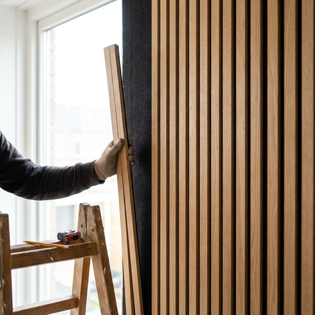 Close-up van een moderne houten lattenwand waarbij een eindlat netjes op de zichtbare zijkant van een akoestisch paneel wordt gemonteerd.