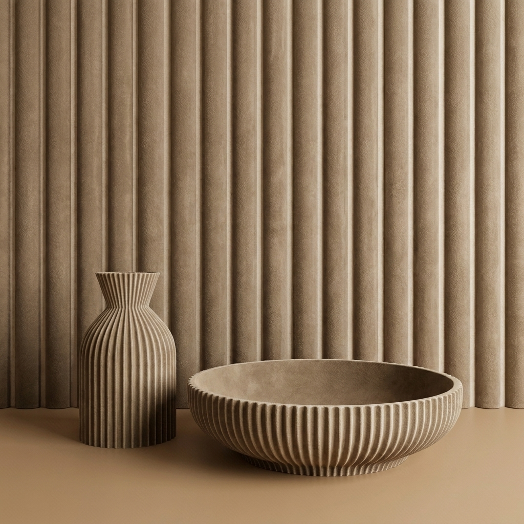 Akoestisch wandpaneel 260cm · Suede ronde latten · Camel